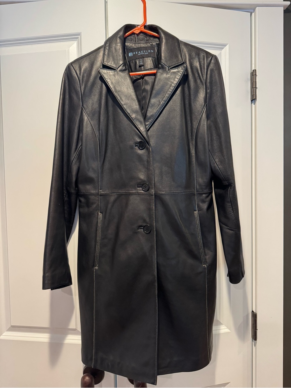 Kenneth Cole Black Leather Single-Breasted Coat